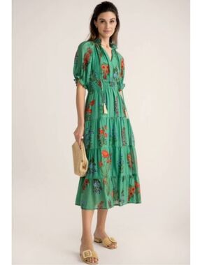 THML Green Floral Tiered Midi Dress - S